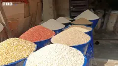 Awọn eroja agbado, jero ati ọka baba to wa ninu baafu alawọ buluu bii marun, ti wọn patẹ wọn ninu ọja