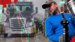 Чоловік заправляє машину на заправці - колаж 