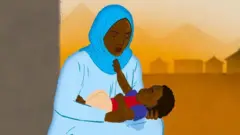 Uma ilustração mostrando uma mulher com um lenço azul na cabeça e um robe segurando um bebê.
