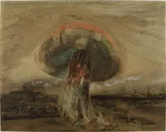Un hongo grande en un terreno árido y con una cara pintada en el tallo. ("Hongo", 1850. Pluma, tinta marrón y aguada, carboncillo, crayón, gouache verde, rojo y blanco sobre papel, 47,4 x 60,8 cm. Maisons de Victor Hugo, París / Guernsey).