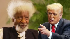 Wole Soyinka wit full white hair and Donald Trump for Red tie pointing fingers