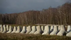 Longa e densa fila de estruturas piramidais de concreto em um campo aberto ao lado de um bosque