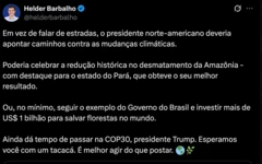 O governador Helder Barbalho critica fala de presidente americano em post no X