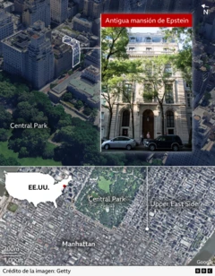 Map of Manhattan with a photo of Epstein's former home.