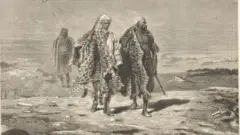 د ۱۹مې پېړۍ یو کښل شوی انځور چې دوه سړي پکېد پړانګ پوستکی د پلور لپاره د عراق بغداد بازار ته وړي. 