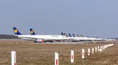 Aviones de la aerolínea alemana Luftfansa estacionados en un aerropuerto.