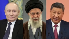 روسی صدر ولادیمیر پوٹن، ایران کے سپریم لیڈر آیت اللہ علی خامنہ ای اور چینی صدر شی جن پنگ