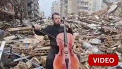 பெய்ரூட்டில் இடிபாடுகளுக்கு நடுவே இசை மீட்டும் கலைஞர்