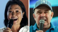 Keiko Fujimori e Rafael López Aliaga falando ao microfone.