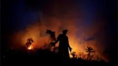 Homem diante de incêndio na Amazônia