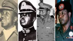 Collage image of Chukwuma Nzeogwu, Murtala Muhammed, Joseph Garba and Ibrahim Babangida