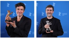 İlker Çatak ve Emin Alper'in ödüllerini tutarkenki fotoğrafları kolaj halinde