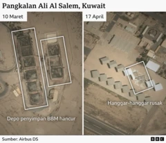 Ein Satellitenbild zeigt Schäden am Luftwaffenstützpunkt Ali Al Salem in Kuwait. Links sieht man einen zerstörten Treibstofftank, rechts beschädigte Hangars.