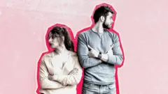 تصویرسازی از یک مرد و یک زن که در جهت مخالف هم نگاه می‌کنند و دست‌هایشان به سینه است