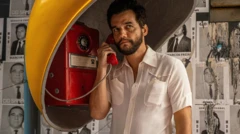 El actor brasileño Wagner Moura, caracterizado como Marcelo, su personaje en O Agente Secreto, auricular en la oreja en una cabina telefónica en una escena de la película.