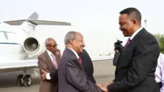 ኤርትራ ናብቲ ውድብ ድሕሪ ምምላሳ ናብ ጂቡቲ ዝበጽሐ ብሚኒስተር ዑስማን ሳልሕ ዝምራሕ ልኡኽ ኤርትራ ኣብ መዓርፎ ነፈርቲ ብሓላፊ ኢጋድ ወርቅነህ ገበየሁ ኣቀባብላ እናተገብረሉ፡ ኣብ ቅድሚ ንእሽቶ ነፋሪት ሰላምታ እናተለዋወጡ።