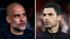 Foto collage of Pep Guardiola, Manchester City Coach and Mikel Arteta, Arsenal Coach. Dem wear black shirts. Pep Guardiola get bald head while Mikel Arteta get hair for im head. Two of dem no smile at all.
