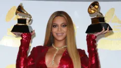Beyonce holding two Grammy awards