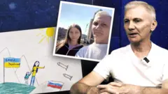 Отец и дочь на фоне антивоенного рисунка