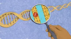 Büyüteç tutan bir elin DNA dizilerindeki harfleri incelemesini gösteren çizim. 