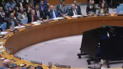 نشست شورای امنیت ملل متحد که نشان می دهد نماینده‌های چندین کشور هنگام رای دادن به قطعنامه صلح ترامپ برای غزه دست‌های شان را به نشانی تایید بالا کرده‌اند.