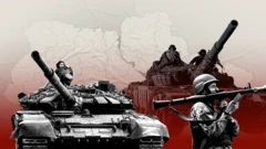 Imagem mostrando tanques e soldados, com um mapa mostrando a Ucrânia e a Rússia ao fundo