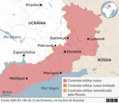 Mapa mostra avanço Russo no leste da Ucrânia