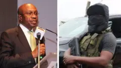 Aworan Gomina CBN tẹlẹ Godwin Emefiele ati oṣiṣẹ DSS to gbe ibọn lọwọ
