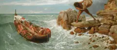 Pintura retrata várias pessoas em um barco, no mar, enquanto em cima de uma pedra há uma criatura grante atacando o barco