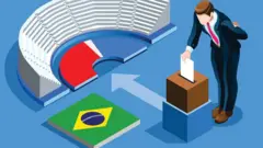 Ilustração mostra homem inserindo cédulavale bonus galera beturna, com planovale bonus galera betfundovale bonus galera betuma arena dividida entre as cores vermelha e azul