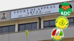 Foto of Abuja Court of Appeal and logos of political parties for Nigeria