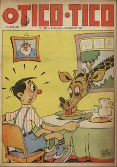 Capa de exemplar da revista Tico-Tico mostra o desenho de um homem de nariz vermelho sentado à mesa, segurando uma colher e parecendo surpreso, enquanto uma girafa coloca o pescoço pela janela e toma sopa no prato que está sobre a mesa