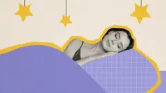Collage de imágenes con mujer joven durmiendo con la cabeza sobre una almohada y tapada con cobija 