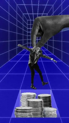 Arte mostra uma mão segurando um homem sobre uma pilha de moedas