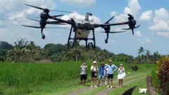 Wisatawan mancanegara mengamati drone yang diterbangkan di area persawahan Desa Jatimulih, Kabupaten Tabanan, Bali.