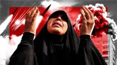 Imagem tratada de uma mulher iraniana usando hijab e roupas pretas, levantando as mãos em desespero, com um fundo vermelho ao lado de imagens sobrepostas de explosões em um edifício e mísseis no ar