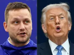 Colagem de fotos de Jens-Frederik Nielsen e Trump