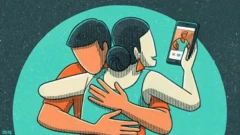 Ilustraçãoabrir um site de apostashomem abraçando mulher enquanto ela olha o celular