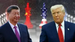 Çin lideri Şi Jinping solda, üzerinde lacivert bir takım elbise ve mor bir kravat var. ABD Başkanı Donald Trump sağda, üstünde lacivert bir takım elbise ve kırmızı bir kravat var. Arkalarında satranç taşları var. Aralarında ise Çin ve ABD bayraklarına boyanmış birer şah taşı bulunuyor
