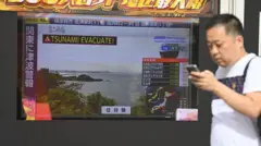 Homem olhando celular e passando em frente a uma televisão em que se lê alerta de evacuação