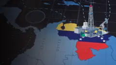 Desenho do mapa da América do Sul, com a Venezuela pintada e uma estação de extração de petróleo