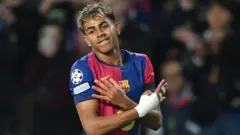 Barcelona Lamine Yamal celebrate afta im score im team second goal against Benfica