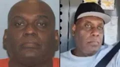 A handout image by the New York City Police Department of Frank R. James, 62, who police are identifying as a "person of interest" in the Brooklyn subway shooting. The image shows two pictures of a black man. In one he wears an orange t-shirt, in the other he is wearing a seatbelt in a vehicle.