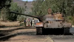 Imodoka y'igifaru yahiye iri mu mujyi wa Adwa mu karere ka Tigray muri Ethiopia, ku itariki ya 18 y'ukwezi kwa gatatu mu 2021.