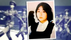A composite image showing a picture of a Japanese 13-year-old, Megumi Yokota, superimposed over North Korean soldiers marching