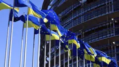 Cờ của Liên minh châu Âu và Ukraine bên ngoài Nghị viện châu Âu ở Strasbourg, Pháp cho thấy sự ủng hộ của EU với Ukraine