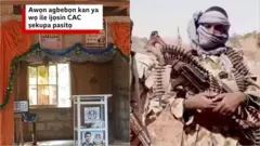 Aworan ori pẹpẹ ijọ tawọn agbebọn naa kọlu ni apa osi, aworan agbebọn kan pẹlu ibọn atamatase ati okun ọta ibọn lọwọ rẹ 