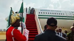 President Bola Tinubu and im wife Remi Tinubu departing Nigeria to di UK on a two-day State Visit 