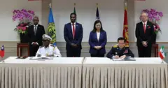 Foreign Minister of the Republic of Somaliland Abdirahman Dahir Adam Bakal, Somaliland Coast Guard Commander Ahmed Hurre Haariye and Taiwan coast guard officials during an agreement signing ceremony, in Taipei, Taiwan, on July 24, 2025