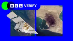A promo image showing a satellite imposed over images taken by Planet Labs of an attack on an Iranian naval port. In the attack image, smoke can be seen rising from the base. 